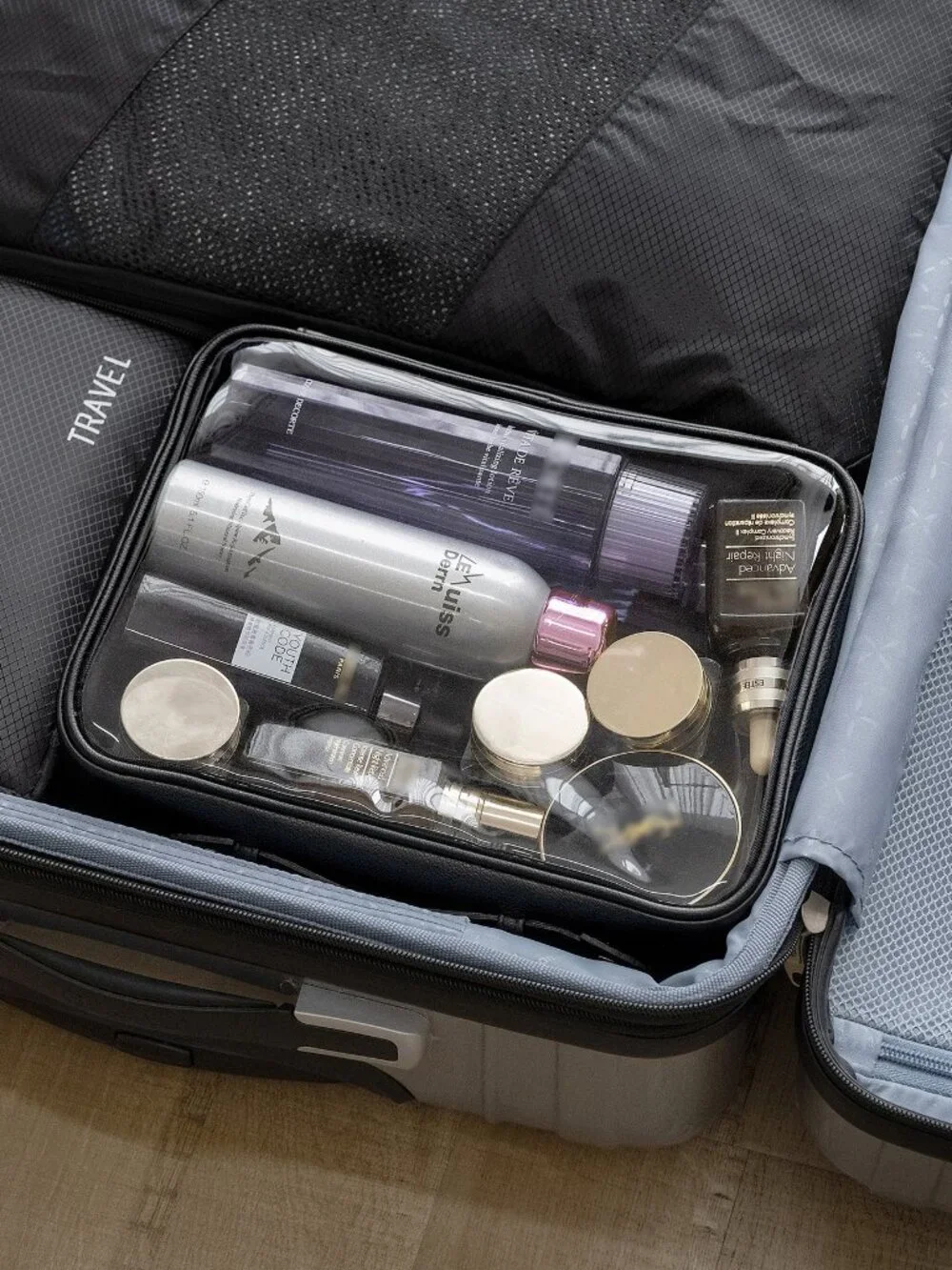Large TSA approved black clear travel makeup toiletry bag clamshell design LARGE